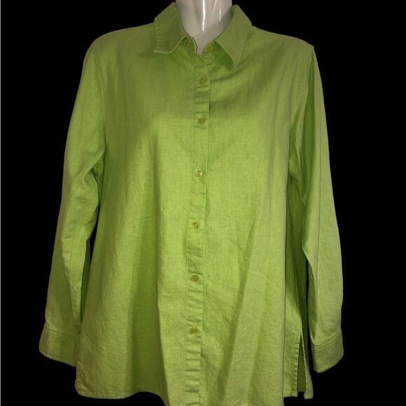 Kim‎ Rogers top Sz S linen blend green square button front tab sleeve side slits - Picture 6 of 8